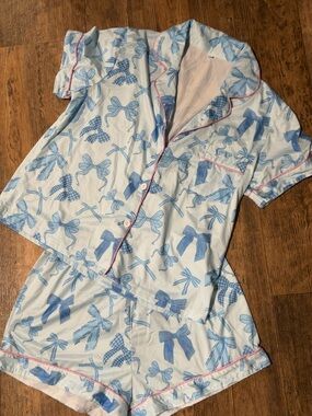 SHEIN White & Blue Bow Print Short Pajama Set with Pink Trim